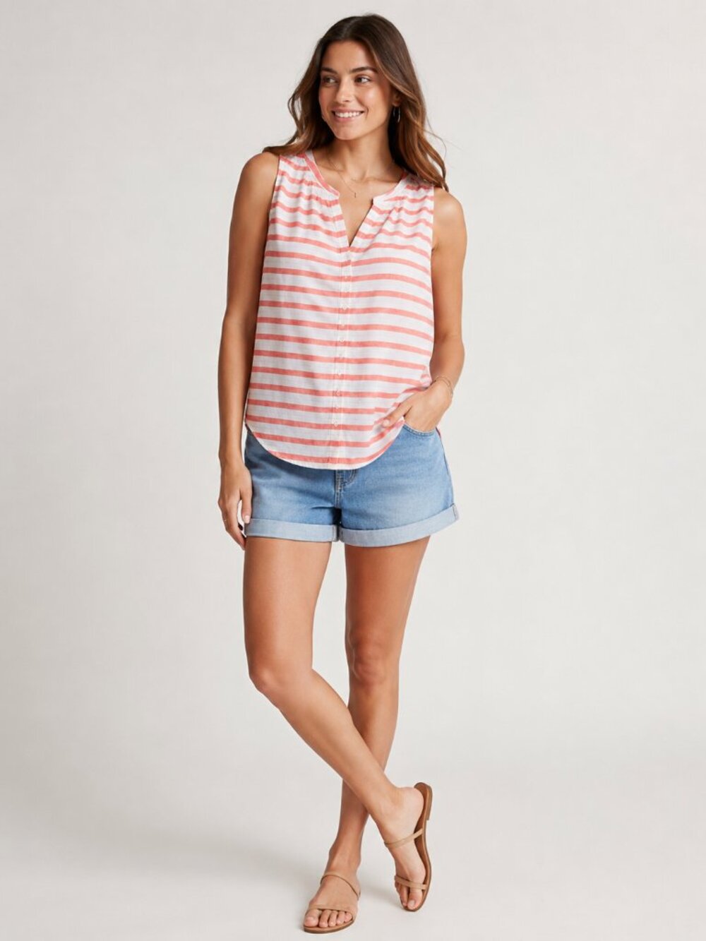 Old Navy Coral White Striped Linen Cotton Sleeveless Button Front Top M